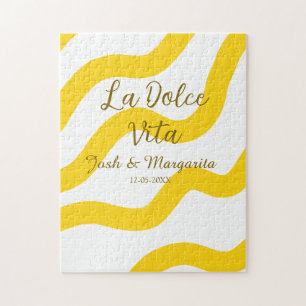 La Dolce Vita yellow wedding couple Name date glit Jigsaw Puzzle