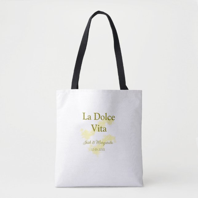 La Dolce Vita yellow wedding couple Name date glit Tote Bag (Front)