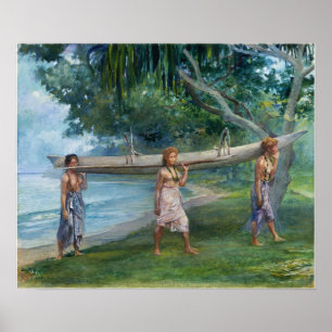 La Farge - Girls Carrying A Canoe Vaiala In Samoa Poster