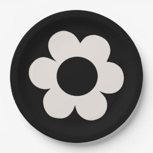 La Fleur 06 Retro Floral Black And White Flower Paper Plate