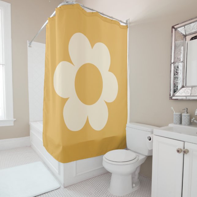 La Fleur 07 Retro Floral Yellow Flower Shower Curtain (In Situ)
