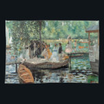 La Grenouillère Auguste  Renoir   Tea Towel<br><div class="desc">Pierre-Auguste Renoir. La Grenouillère . lovely landscape on the river in green tones. There are boats on the shore. In the middle ground, a group of people stands on a walkway under a spreading tree. In the background there are yazta and trees. Reproduction of famous works of art images in...</div>