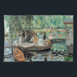 La Grenouillère Auguste  Renoir   Tea Towel<br><div class="desc">Pierre-Auguste Renoir. La Grenouillère . lovely landscape on the river in green tones. There are boats on the shore. In the middle ground, a group of people stands on a walkway under a spreading tree. In the background there are yazta and trees. Reproduction of famous works of art images in...</div>