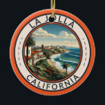 La Jolla California Coastline Travel Art Retro Ceramic Ornament<br><div class="desc">La Jolla in a vector art style. La Jolla, California, is a coastal gem renowned for its pristine beaches, upscale shopping, and stunning ocean views. Nestled in San Diego County, it's a charming enclave that seamlessly combines natural beauty with upscale living, making it a sought-after destination for residents and visitors...</div>