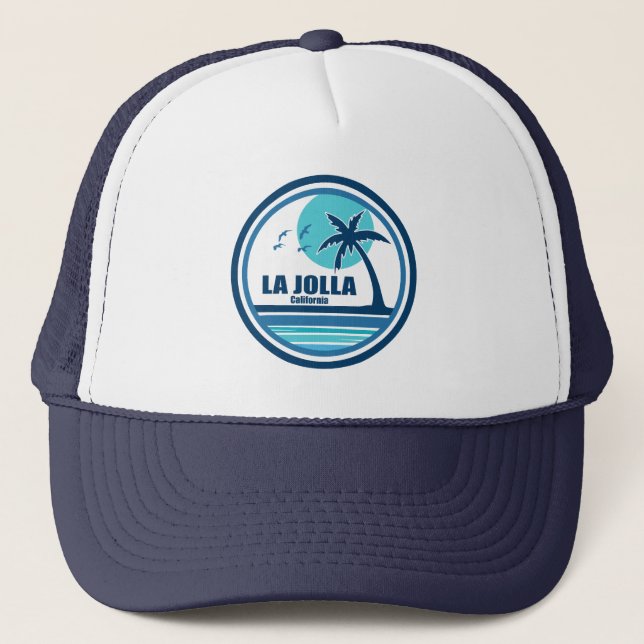 La Jolla California Palm Tree Birds Trucker Hat (Front)