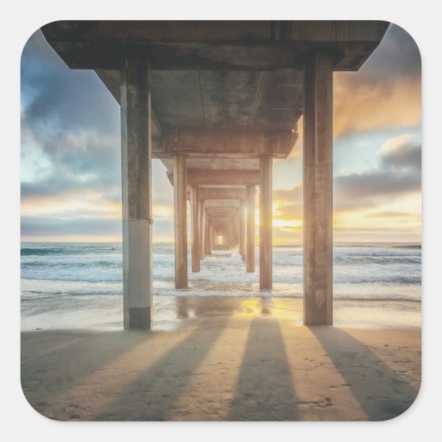 La Jolla, Scripps'S Pier At Sunset | San Diego Square Sticker (Front)