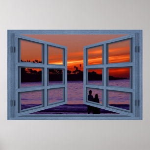 La Jolla Sunset Blue 6 Pane Open Window Poster