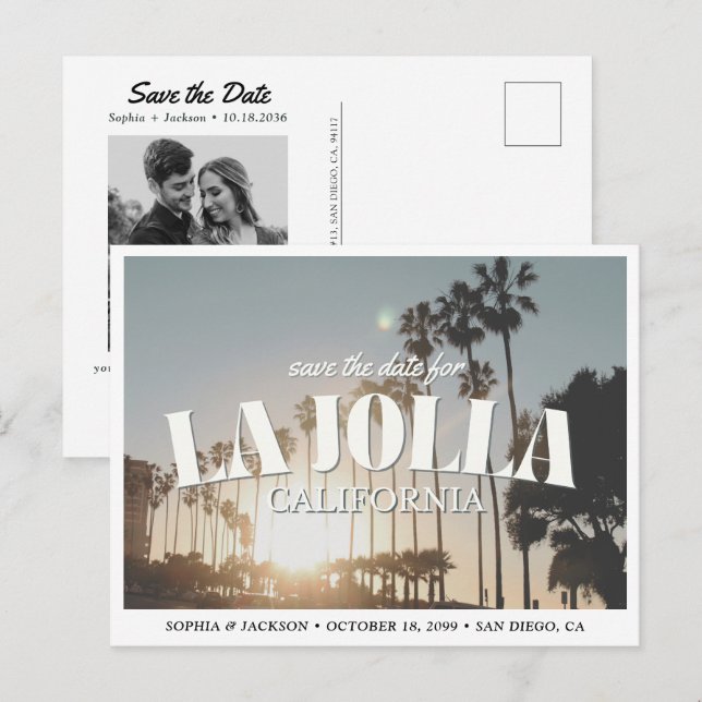 La Jolla Wedding Save the Date Palm Tree Retro Postcard (Front/Back)