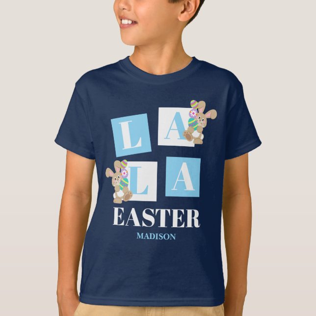 La La Easter Cute Bunny Navy Blue Boys T-Shirt (Front)