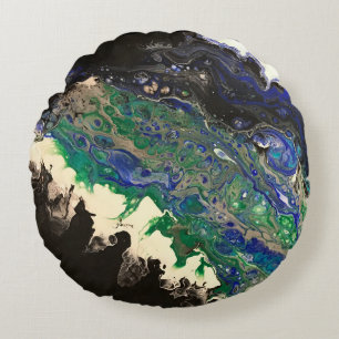 La Laguna painting black blue teal white  Round Cushion