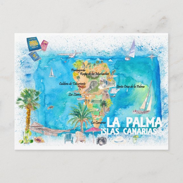 La Palma Illustrated Travel Map with Roads  Postcard (Front)