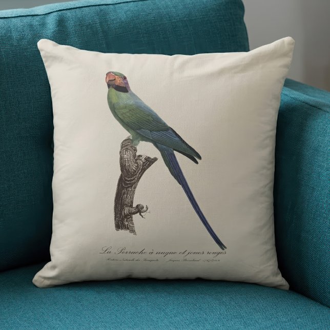 La Perruche a nuque et joues rouges  Cushion (Long-Tailed Parakeet, Psittacula Longicauda. Throw Pillow)