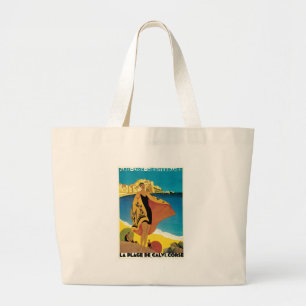 La Plage de Calvi, France vintage travel poster Large Tote Bag