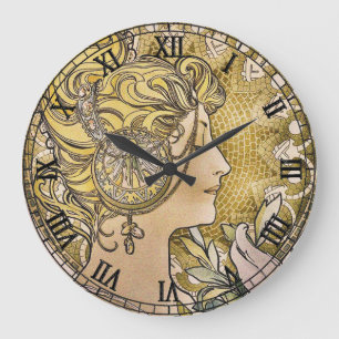 "La Plume" by Mucha Large Clock