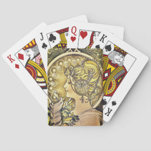 La Plume Girl Painting by Alphonse Mucha Playing Cards