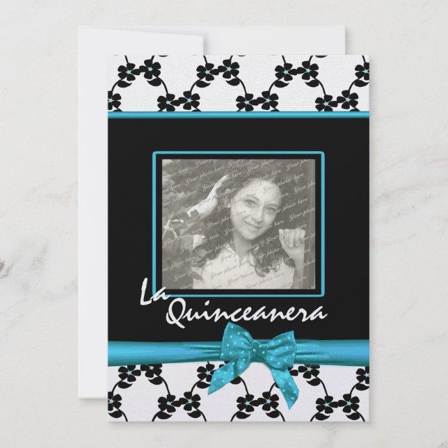 La Quinceanera Flowers and Ribbon Blue Invitation (Front)