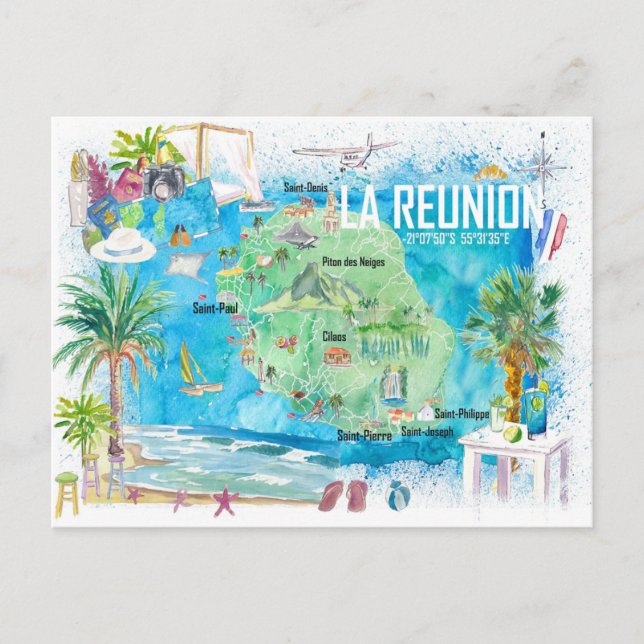 La Reunion Illustrated Island Travel Map  Postcard (Front)