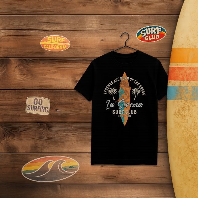 La Sirena Surf Club – Retro Mermaid Surf Design T-Shirt (La Sirena Black T-shirt)
