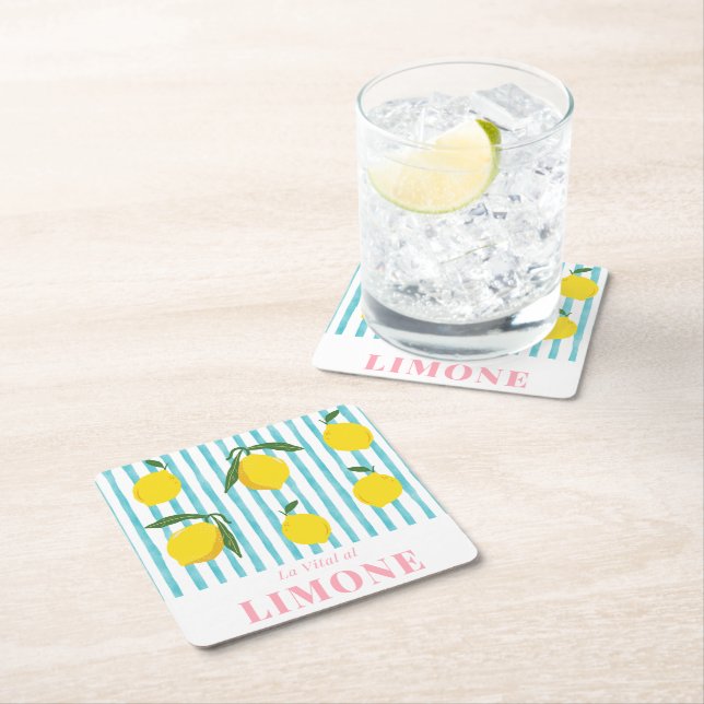 La Vital al Limone – Bright Lemon Pattern Square Paper Coaster (Insitu)