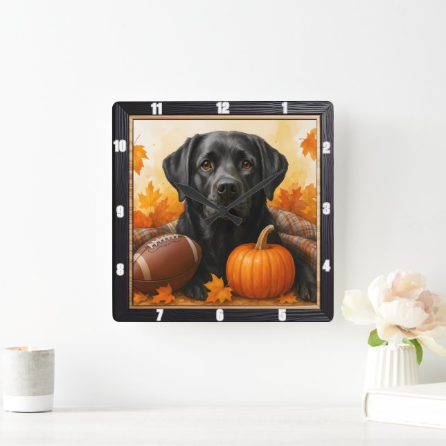 Lab Autumn Football Pumpkin Square Wall Clock (Home)