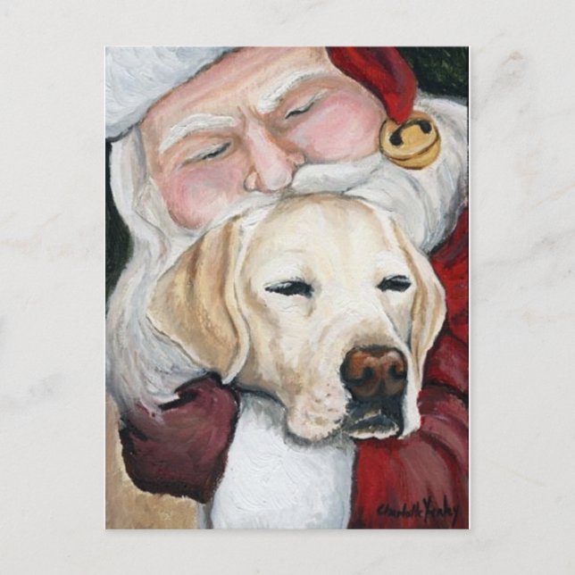 "Lab Gets Santa Hugs" Art Christmas Postcard (Front)