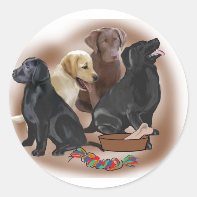 Lab puppies with toys classic round sticker (Front)