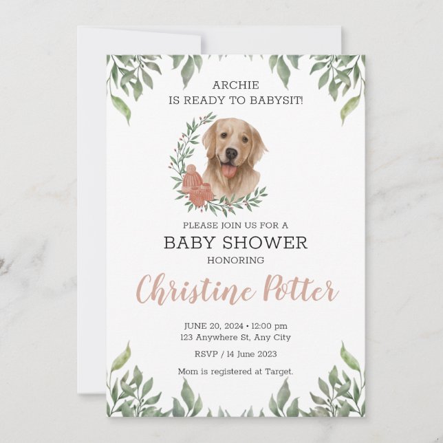 Lab Retriever Dog Puppy Greenery Boho Baby Shower  Invitation (Front)
