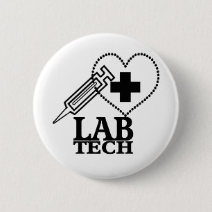 LAB TECH HEART SYRINGE LOGO - LABORATORY SCIENTIST 6 CM ROUND BADGE