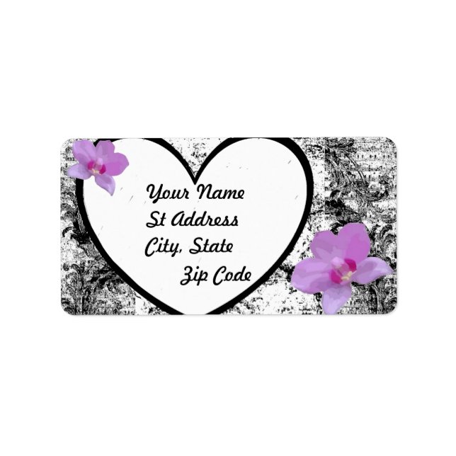 Label, Black and  White Heart, Pink Orchids Label (Front)