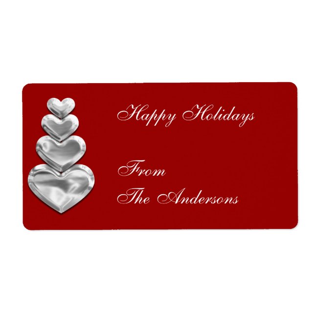 Label Gift Sticker Silver Hearts on Red (Front)