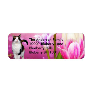 Label Return Address Cat & Flowers