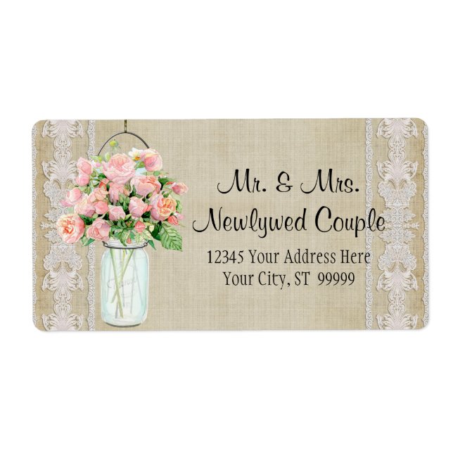 Labels Rustic Country Mason Jar Blush Pink Roses (Front)