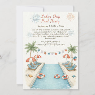 Labor Day Pool Party Red White and Blue Invitation