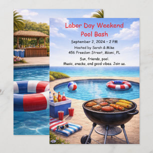 Labor Day Pool Party Red White and Blue Invitation