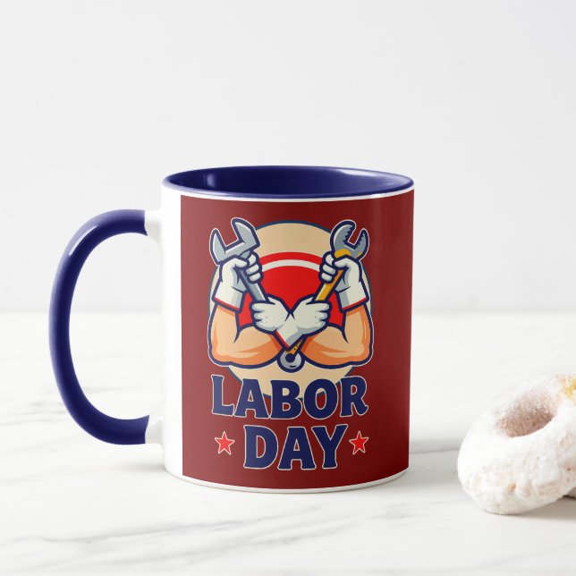 Labor Day Strong Worker Hands Illustration Mug (With Donut)