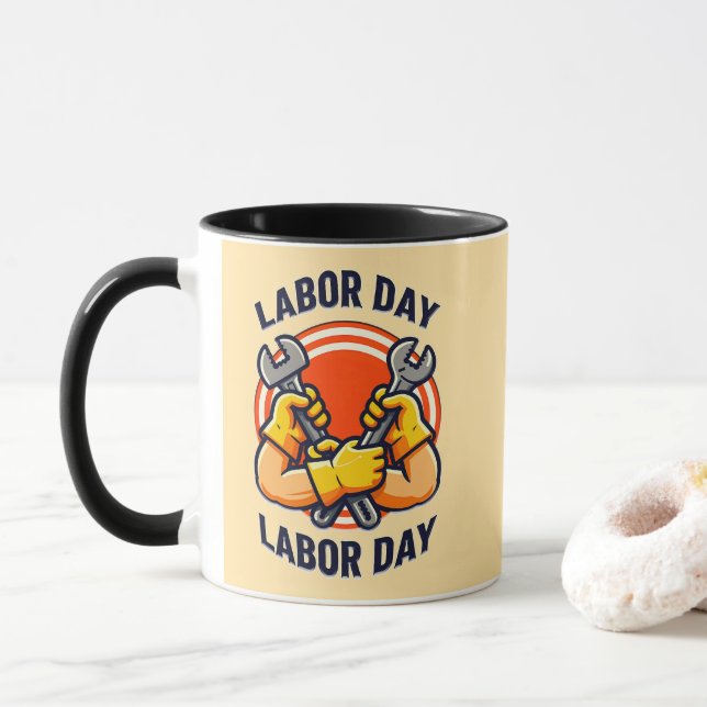 Labor Day Strong Worker Hands Tools Design Mug (With Donut)