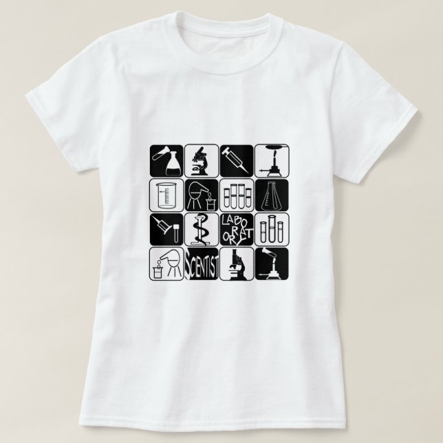 LABORATORY SCIENTIST SYMBOLS AND TOOLS T-Shirt (Design Front)