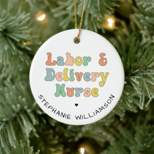 Labour and Delivery Nurse Groovy Retro Ceramic Ornament