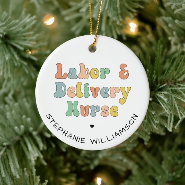 Labour and Delivery Nurse Groovy Retro Ceramic Ornament (Tree)
