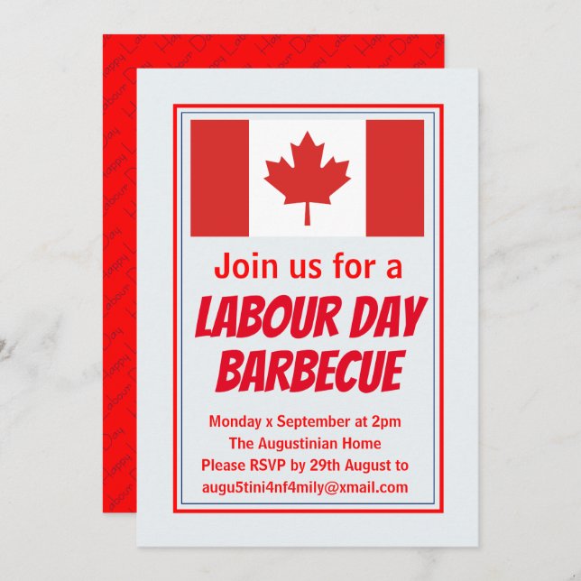 LABOUR DAY BBQ BARBECUE Canada Flag Customised Invitation (Front/Back)