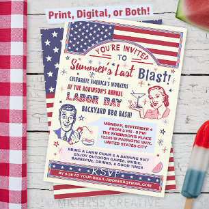 Labour Day BBQ Party   Retro Patriotic Summer Blas Invitation