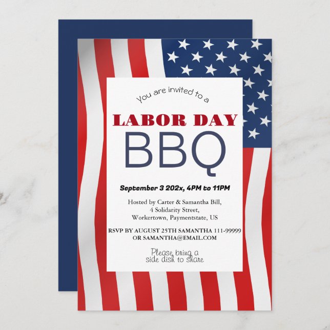 Labour Day BBQ Party Worker Patriotic American fla Invitation (Front/Back)