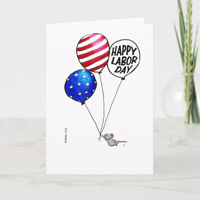 Labour Day - Flying mouse with balloons. Card (Front)