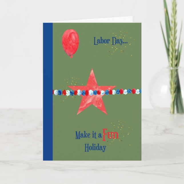 Labour Day, Green with Star, Balloon, Faux Glitter Card (Front)