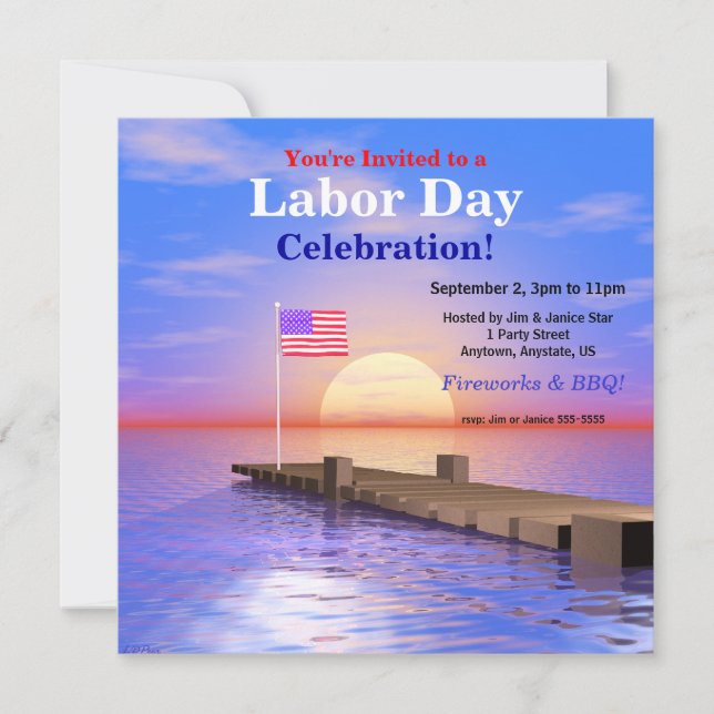 Labour Day Party US Flag on Dock Invitation (Front)