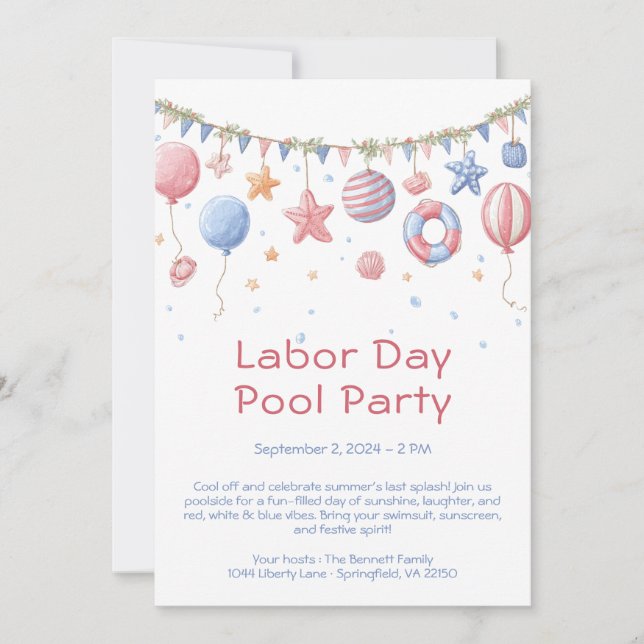 Labour Day Pool Party Red White and Blue Invitatio Invitation (Front)