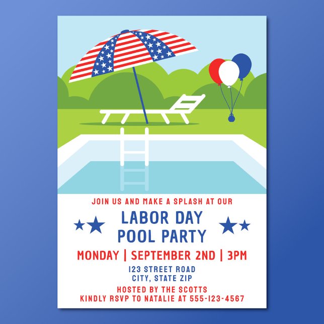 Labour Day Pool Party Stars And Stripes Modern Invitation (Labor day pool party invitation)