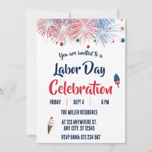 Labour Day Red White Blue Fireworks Party Invitation