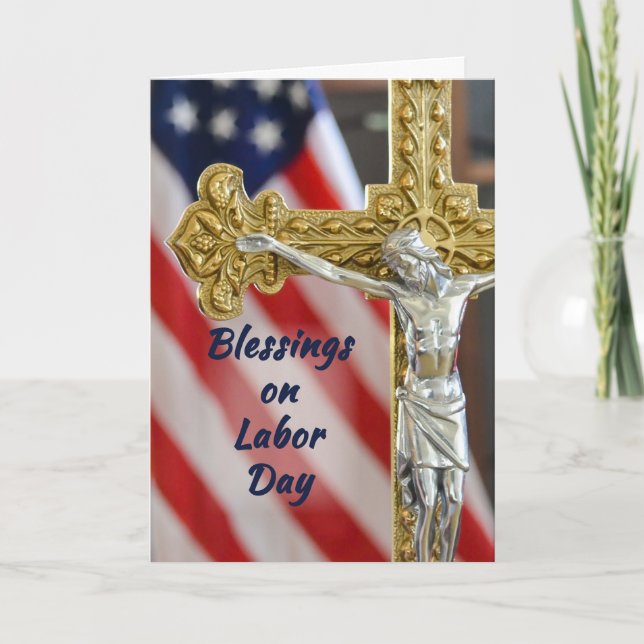Labour Day Religious Patriotic Cross and Flag Card (Front)