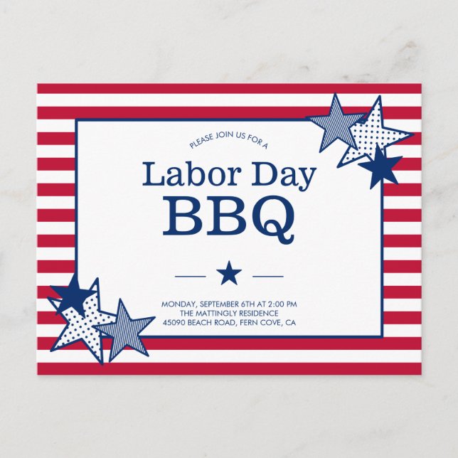 Labour Day Stars and Stripes Modern Patriotic BBQ Invitation Postcard (Front)